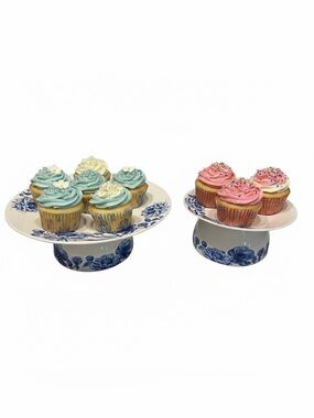 Blue Floral Ceramic Cake Stands 1 large 1 small Stackable
